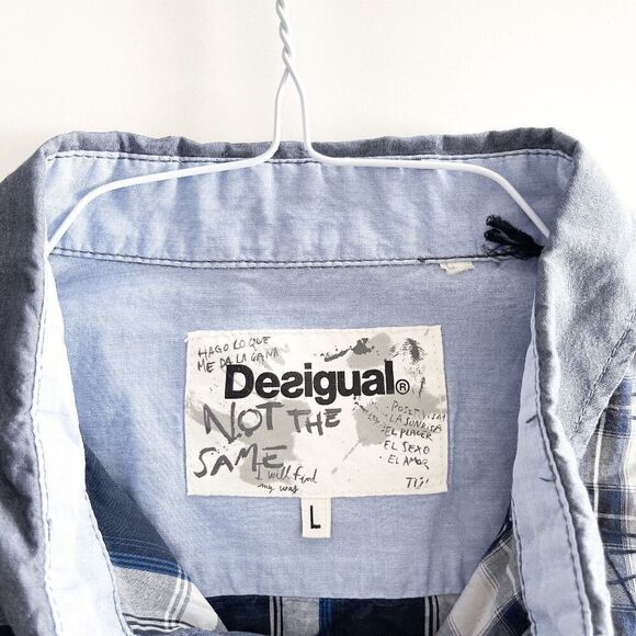 Desigual Mens Long Sleeve Button-Down Shirt Plaid Geometric Blue White Large - Picture 4 of 7